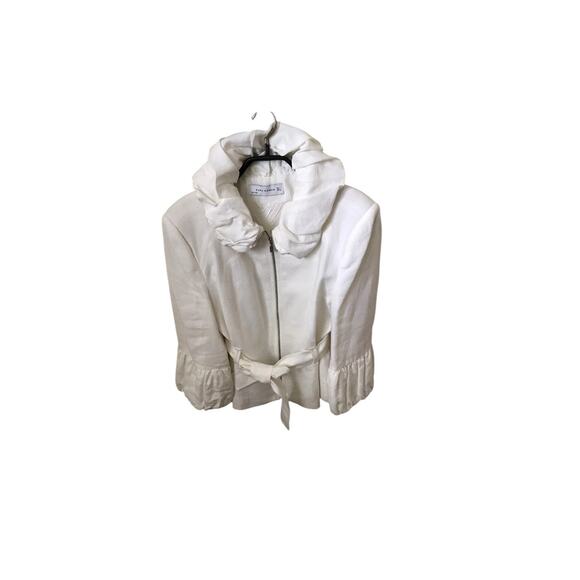 Zara White Linen Jacket Large Ruffle Collar And Cuff Tie Belt Fitted Statement - Picture 2 of 7